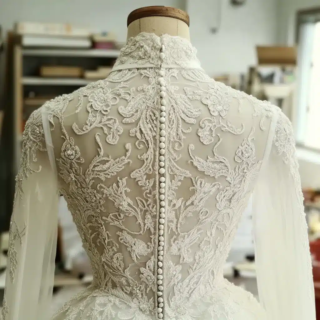 Back view of an ornate wedding dress with button detailing, illustrating fine tailoring and expert bridal dress customization for a flawless fit