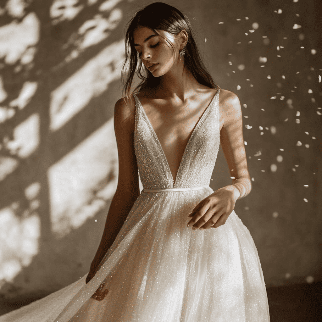 Bride standing in front of a mirror during final wedding dress fitting, as a seamstress adjusts the gown to achieve the perfect silhouette