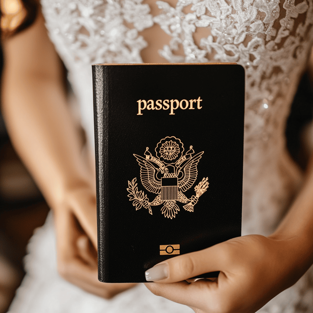 Bride holding a passport and boarding pass at the airport, symbolizing honeymoon travel planning and passport preparation for destination weddings