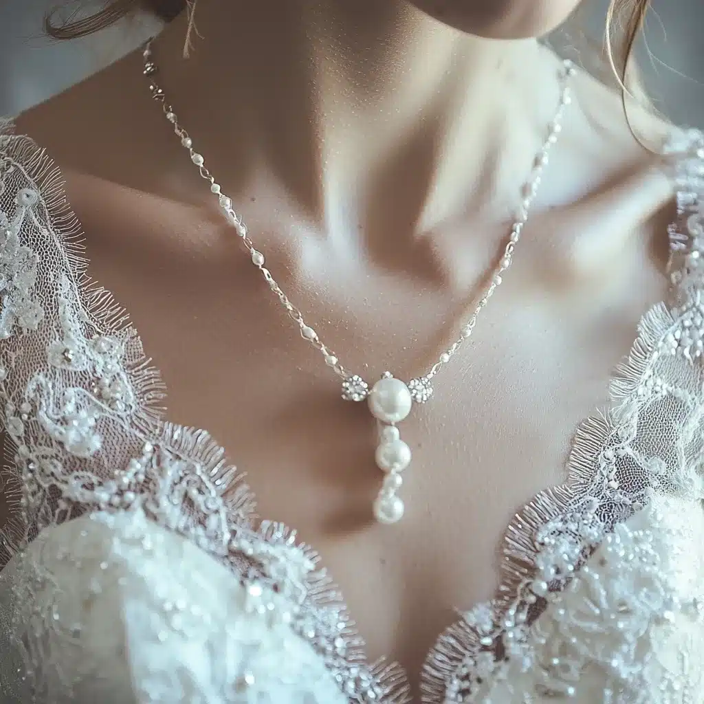 Bride wearing a pearl drop necklace with a lace-trimmed bridal gown, showcasing accessory styling during final dress fitting_