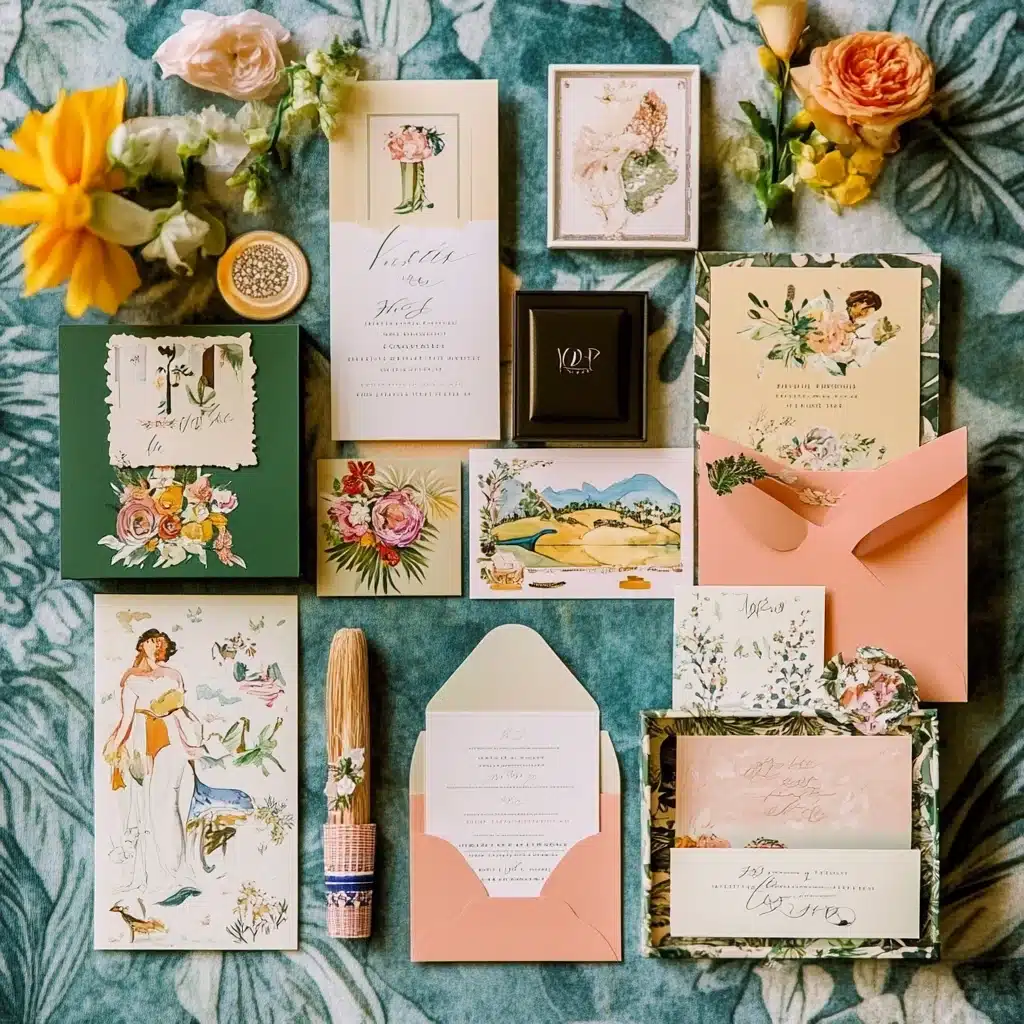 Chic pink and blue wedding invitation set nestled in vibrant florals and soft fabrics, showing how color and texture can elevate custom stationery design_