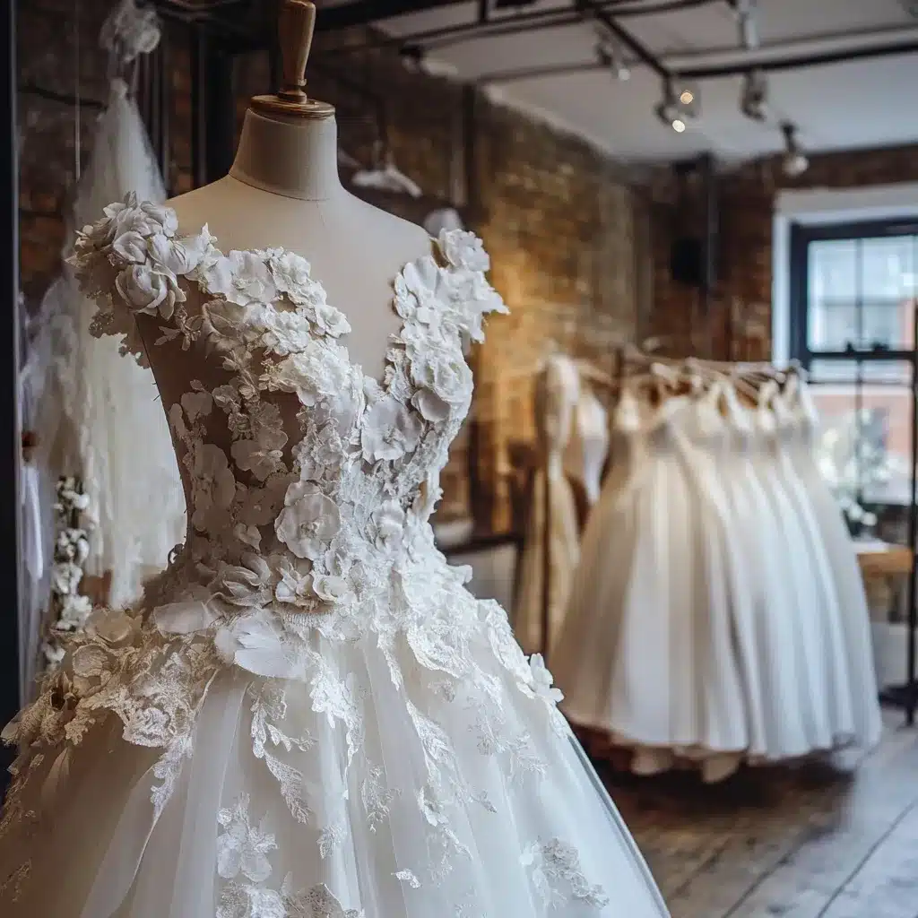 Close-up of a couture lace wedding gown on a dress form, emphasizing the precision and artistry of a dedicated wedding dress tailor