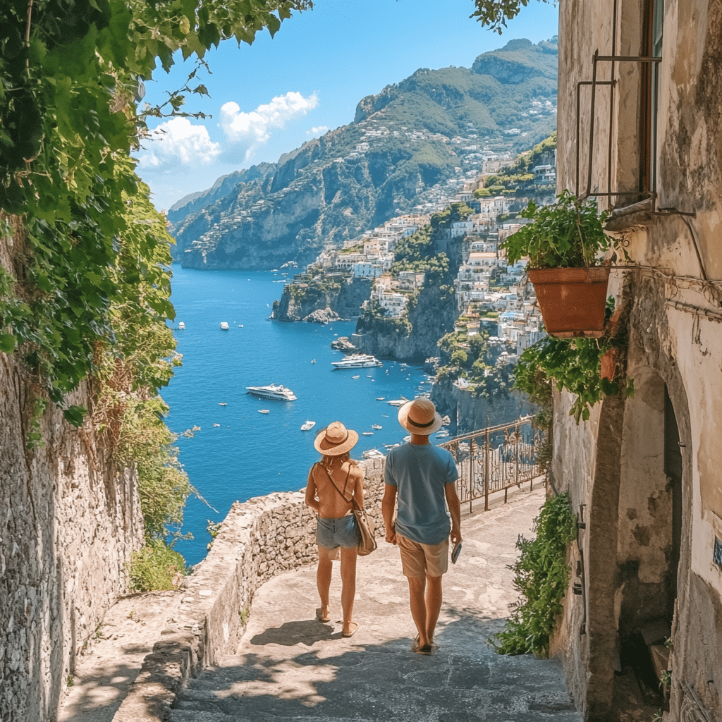 Couple admiring ancient Amalfi architecture with Romanesque arcades and Moorish influences—planned by Michaelis Events for a culturally rich post-wedding experience.