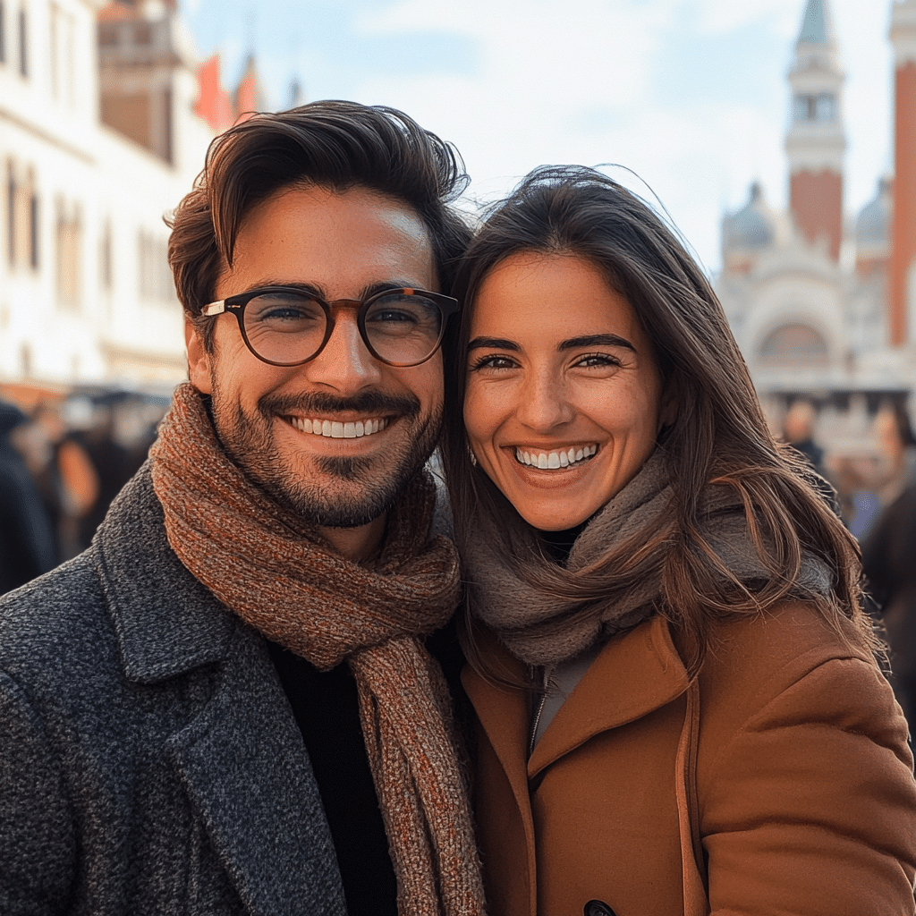 Couple enjoying a Venice honeymoon stroll through cobblestone alleyways and charming piazzas, curated by Michaelis Events—perfect for destination weddings with old-world elegance.