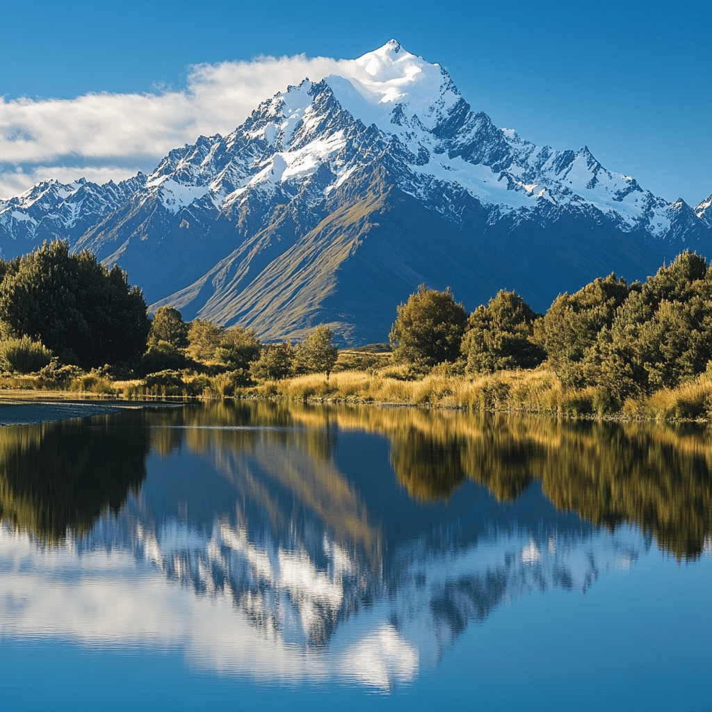 Couple enjoying a quiet evening beside a reflective alpine lake in New Zealand, with towering peaks and golden skies—planned by Michaelis Events for a peaceful and picturesque wedding retreat.