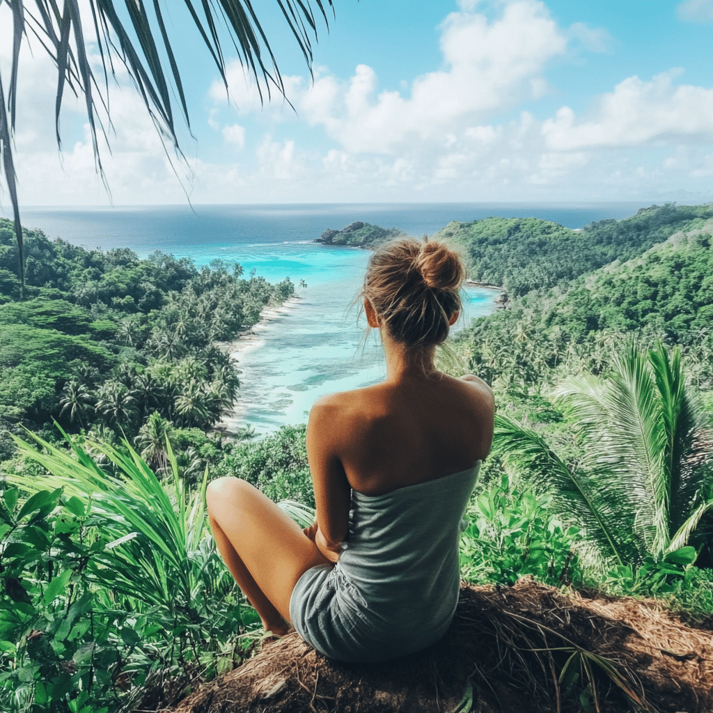 Couple enjoying sunrise over a mountain-framed cove in the Seychelles, with soft light illuminating the landscape—an unforgettable honeymoon moment arranged by Michaelis Events.