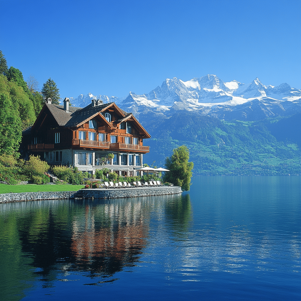 Couple kayaking on Lake Lucerne with towering peaks in the background, captured during their Switzerland honeymoon adventure planned by Michaelis Events.