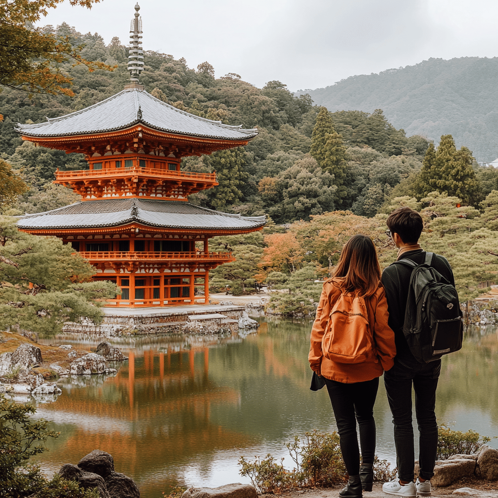 Couple on a honeymoon visit to Osaka Castle, surrounded by cherry trees in bloom, arranged by Michaelis Events—perfect for blending historic Japanese architecture with post-wedding romance.