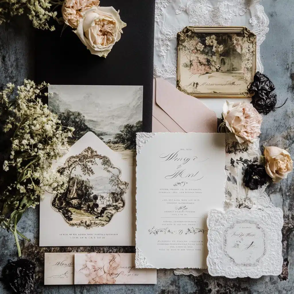 Flat lay of vintage-inspired wedding invitations with ornate typography, deckled edges, and romantic floral accents, perfect for custom stationery ideas_