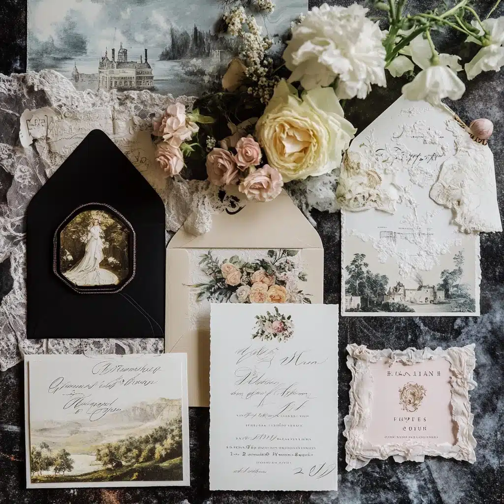 Flat lay of vintage-inspired wedding invitations with textured paper, classic calligraphy, and blush-toned florals — ideal for couples seeking timeless elegance_