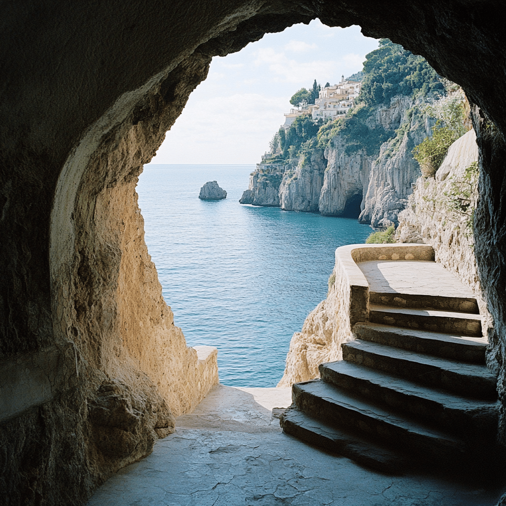 Golden hour light casting shadows on Amalfi’s historic stucco façades and domed chapels, as the couple shares a quiet honeymoon moment—arranged by Michaelis Events after a romantic Italian wedding.