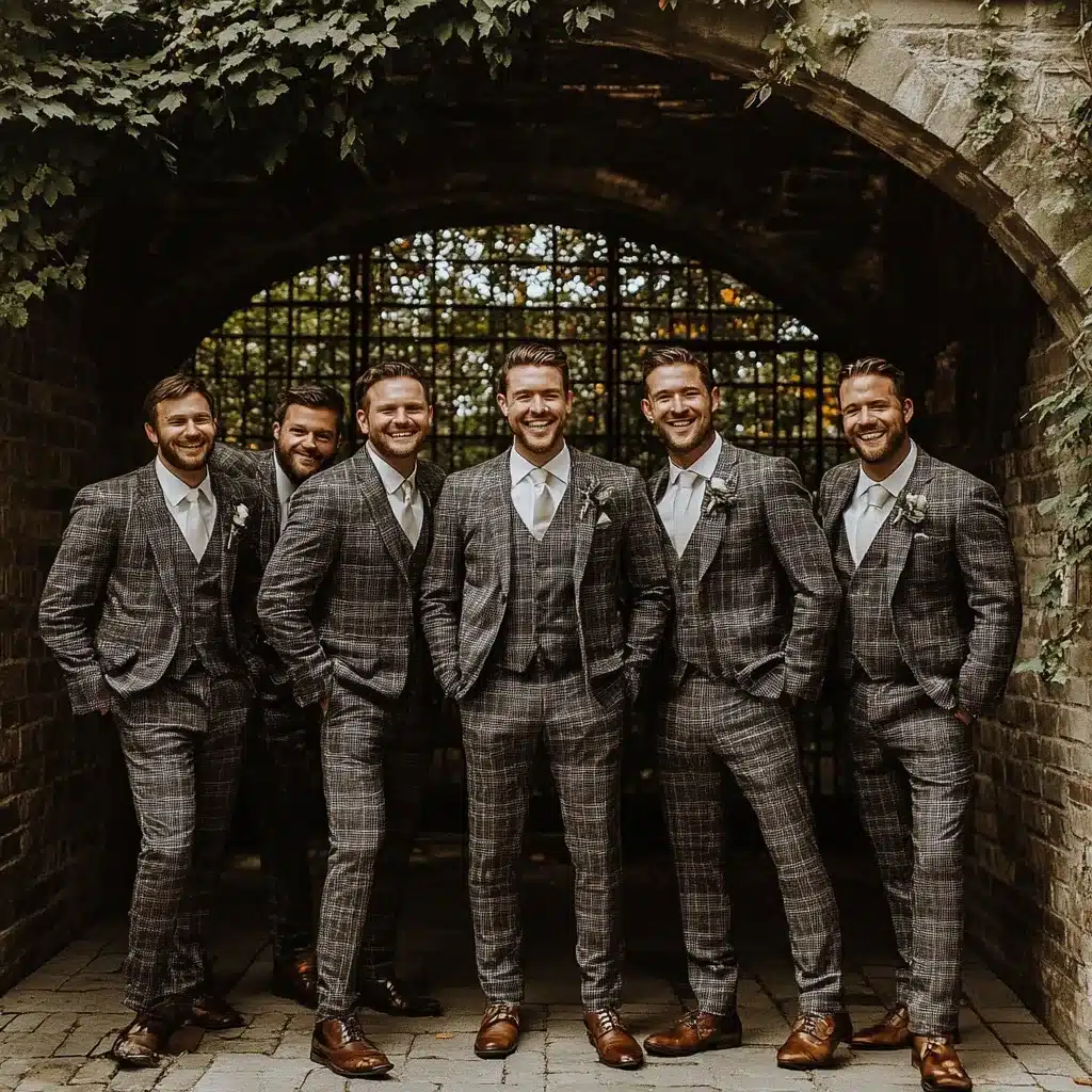 Groomsmen trying on matching suits during a group fitting, ensuring a polished and cohesive look for the wedding party