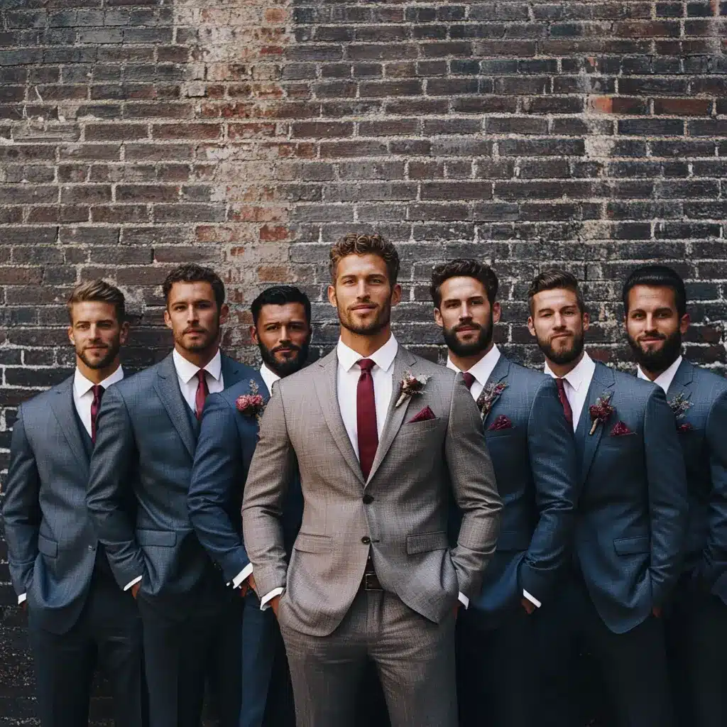 Groomsmen reviewing fitting schedules on a digital planner, ensuring early coordination and communication for a polished, uniform wedding look