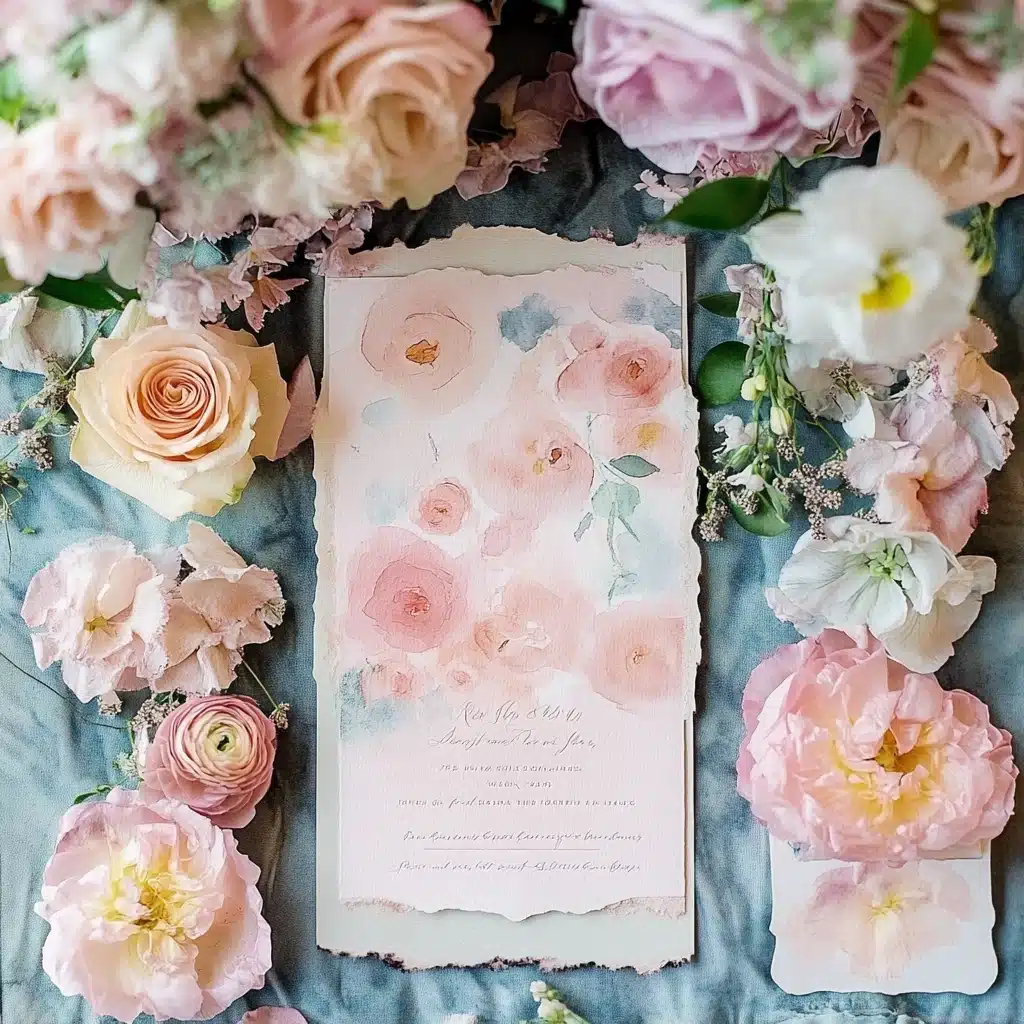 Flat lay of elegant digital and paper wedding invitations with RSVP cards and address envelopes designed by Michaelis Events