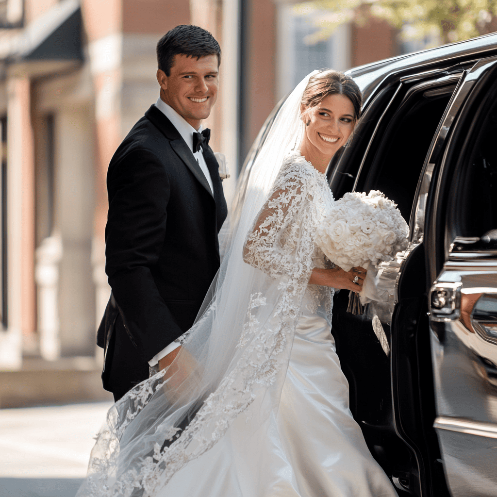 Smiling bride and groom in wedding attire stepping into a black luxury vehicle as part of their wedding transportation service