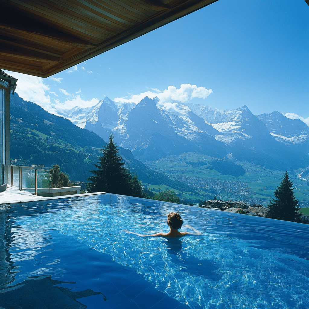 Honeymoon couple relaxing in a cliffside infinity pool in Switzerland, overlooking the snow-capped Alps—styled by Michaelis Events for a luxurious post-wedding retreat.