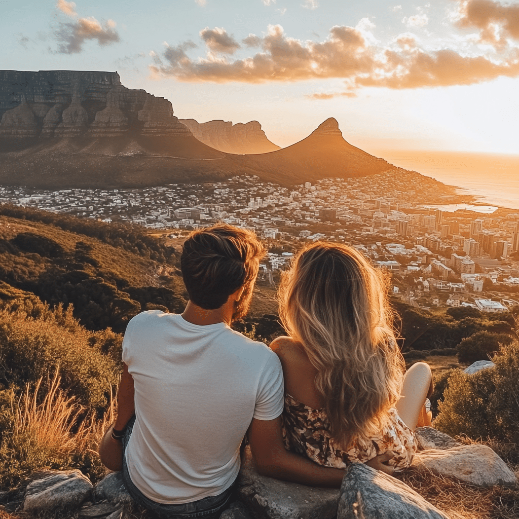 Honeymoon snapshot of a couple enjoying a rooftop dinner with panoramic views of Cape Town—planned by Michaelis Events for a stylish and intimate wedding celebration.