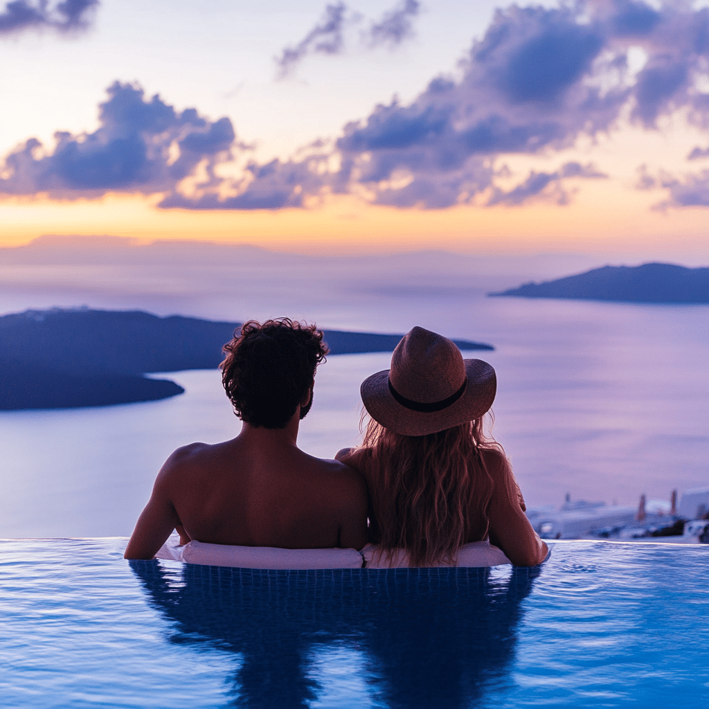Honeymoon suite in Santorini designed by Michaelis Events, with panoramic caldera views, a private plunge pool, and elegant post-wedding touches.