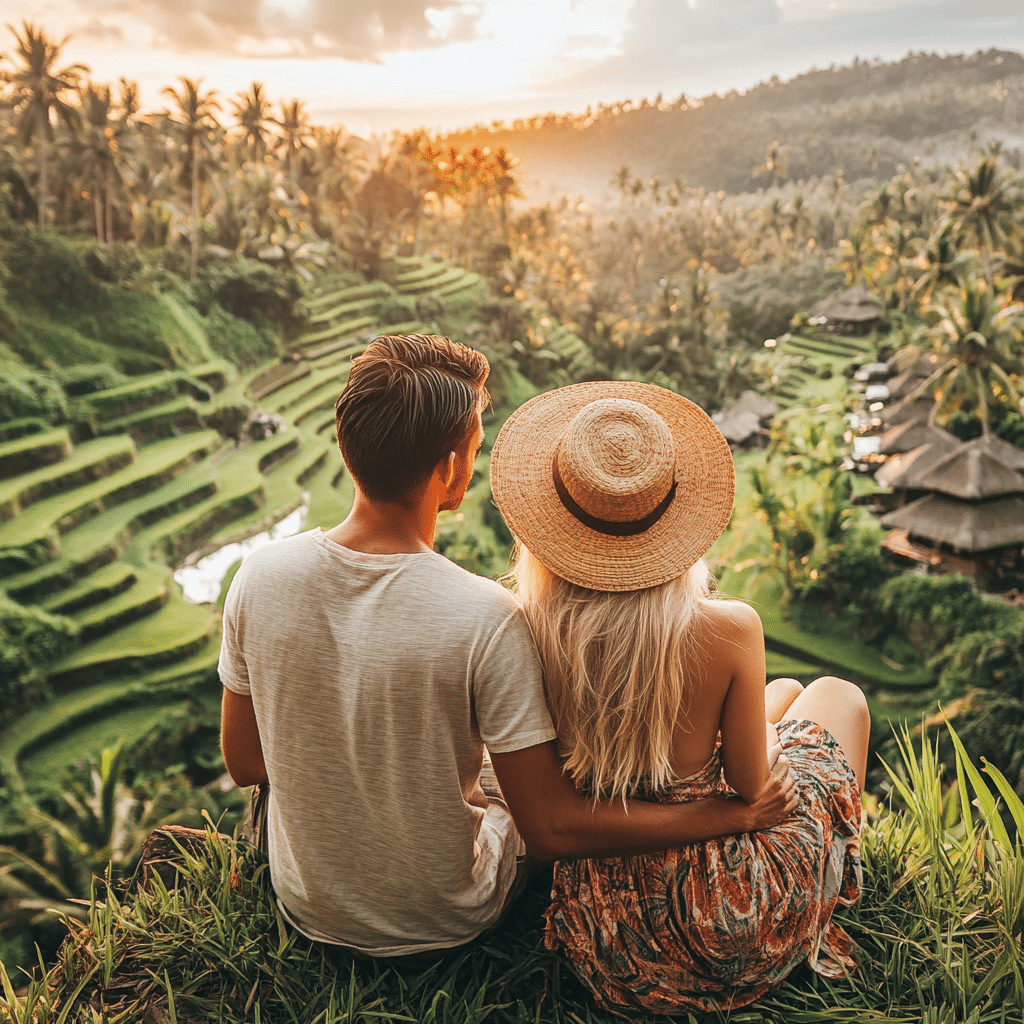 Honeymoon sunset hike to Mount Batur in Bali, with the couple wrapped in a blanket watching the horizon—an adventurous post-wedding moment curated by Michaelis Events.