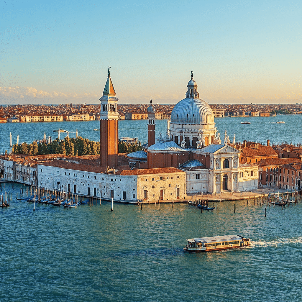 Honeymoon view of Santa Maria della Salute in Venice, Italy, with newlyweds admiring the grand Baroque architecture from a gondola—planned by Michaelis Events for a romantic post-wedding escape.
