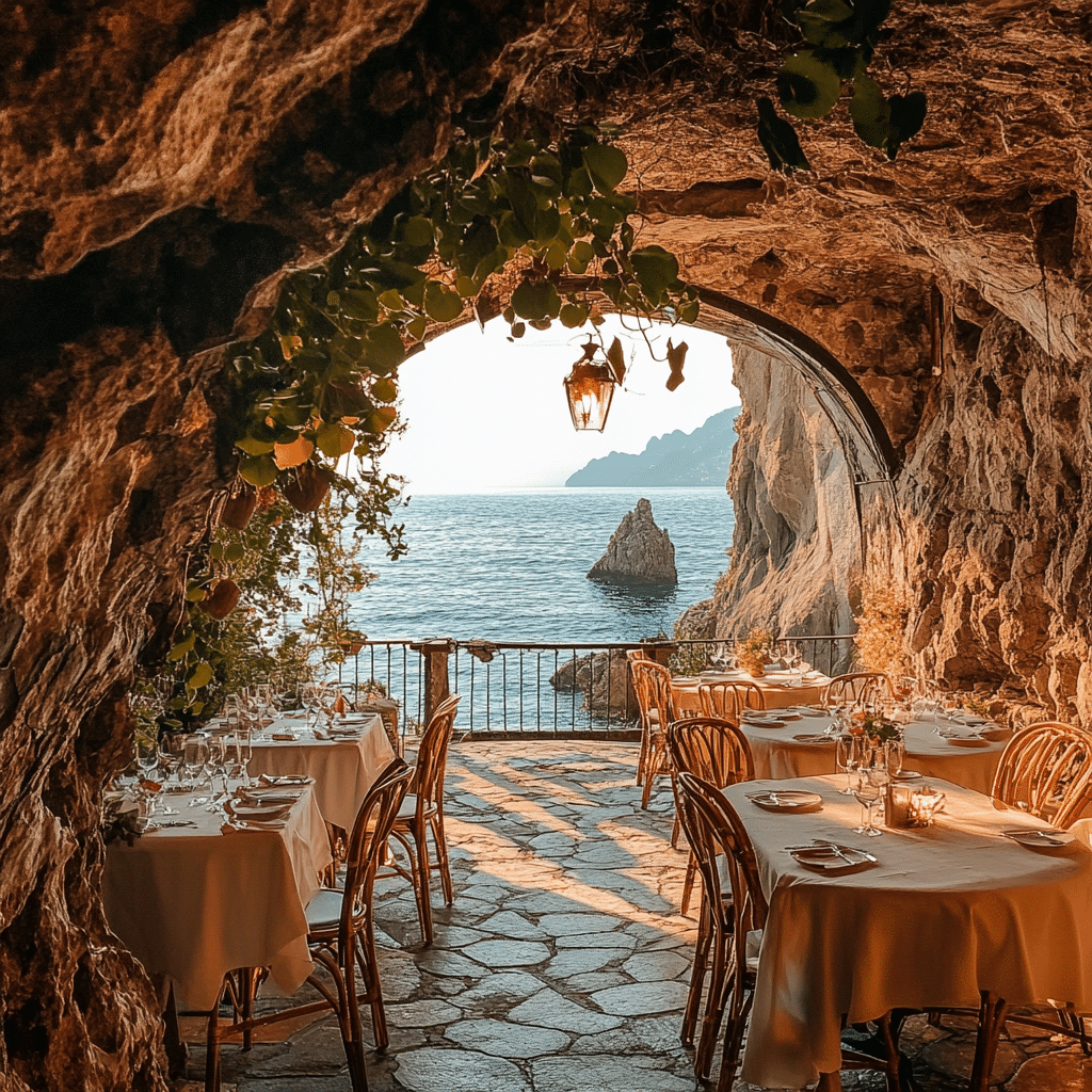 Intimate moment inside an Amalfi coastal cave, with newlyweds holding hands on a guided tour—captured during a romantic and unique wedding trip curated by Michaelis Events.