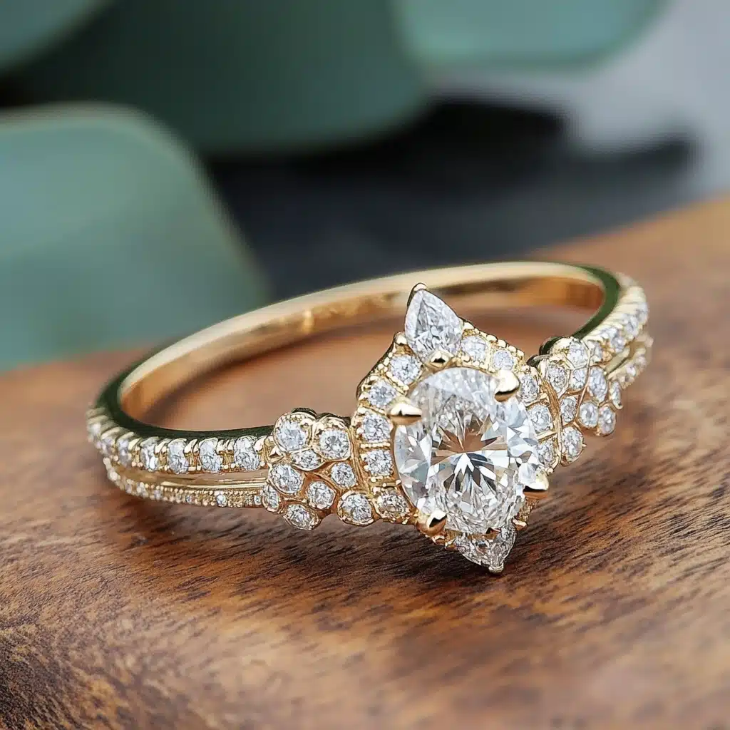 Marquise-inspired wedding ring with an angular center diamond and split shank band, blending vintage detail with contemporary glam_