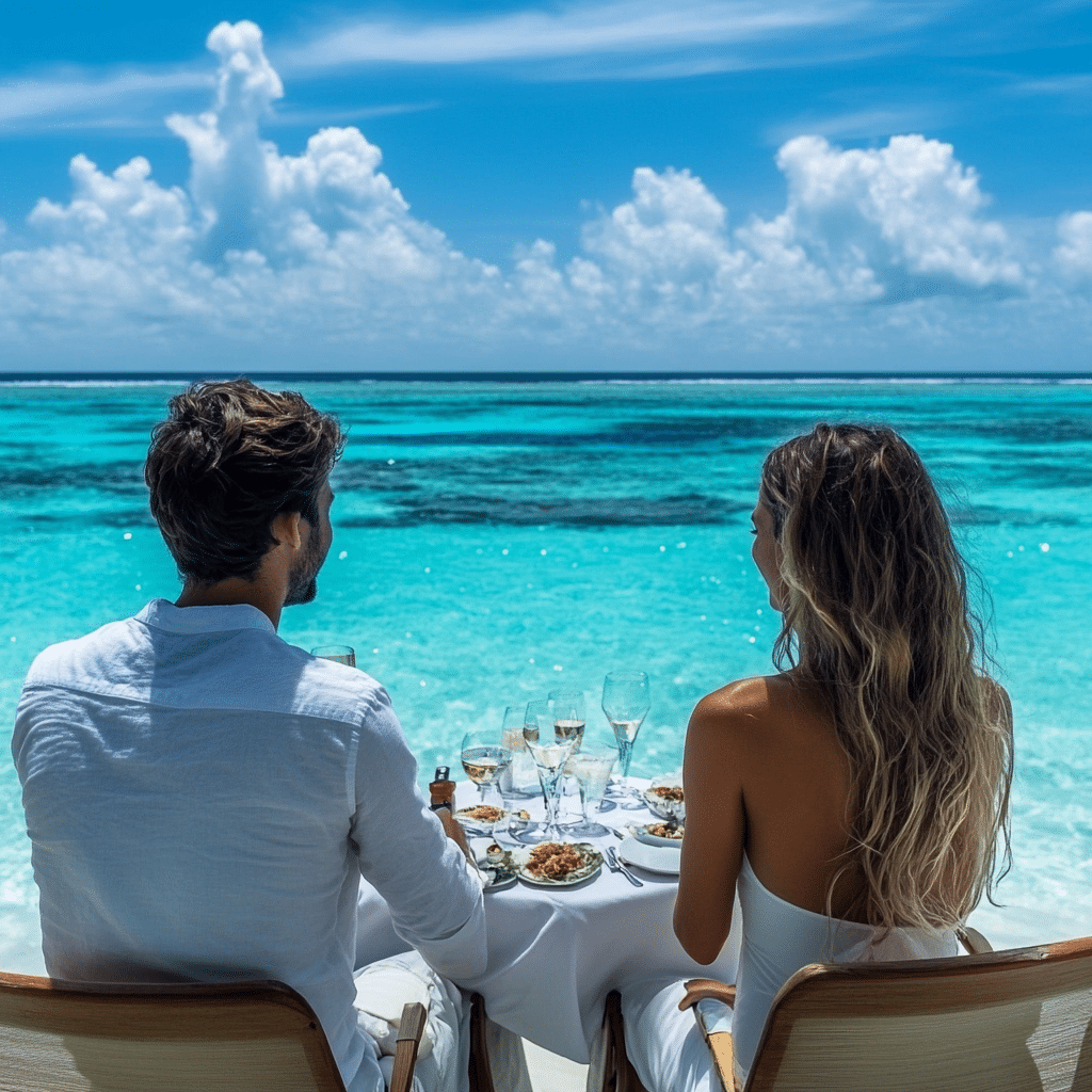 Maldives honeymoon breakfast on a private deck arranged by Michaelis Events, with tropical fruit, pastries, and sea views—perfect for slow mornings after the wedding celebration.