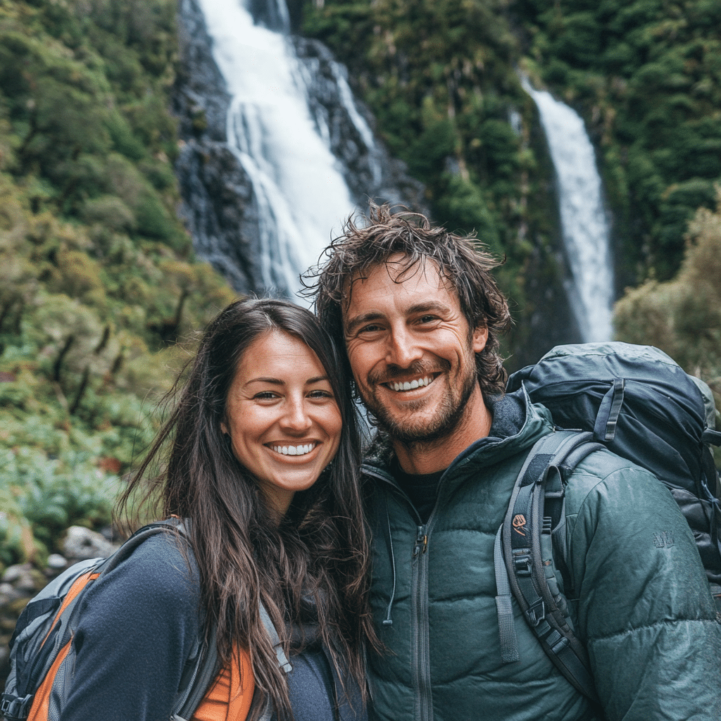 Michaelis Events honeymoon adventure in New Zealand, with the couple hiking through Fiordland National Park, surrounded by waterfalls, forests, and mountain peaks.