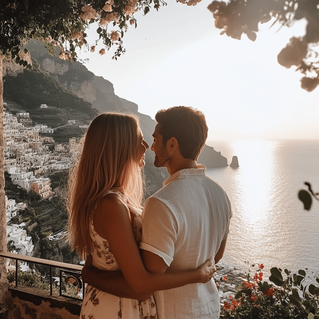 Michaelis Events honeymoon couple enjoying a scenic view from a traditional Amalfi villa, with tiled rooftops, shuttered windows, and panoramic coastal beauty—ideal for architecture and romance lovers.