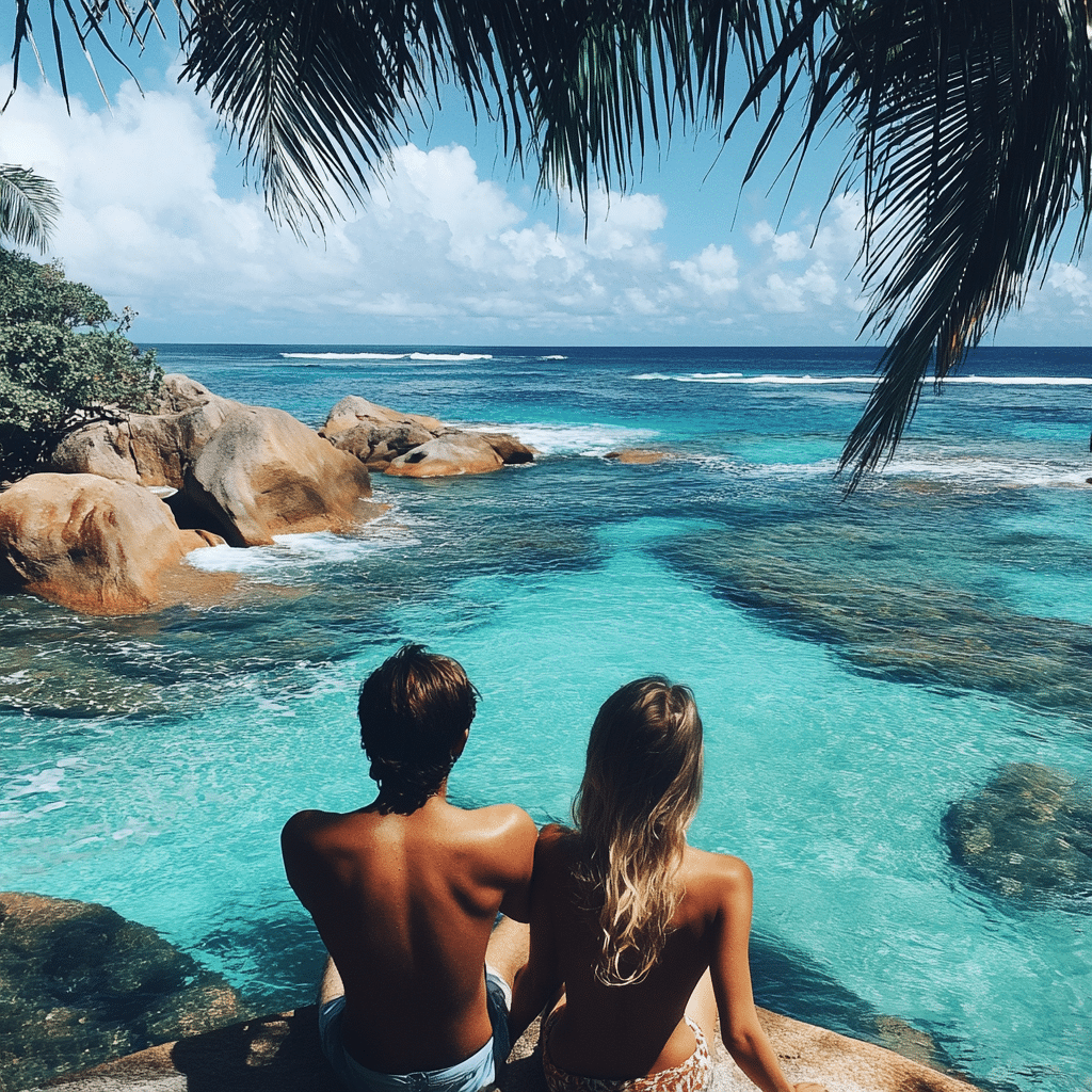 Michaelis Events honeymoon couple standing on a cliffside viewpoint overlooking the Indian Ocean and scattered outer islands—perfect for a scenic post-wedding escape in Seychelles.