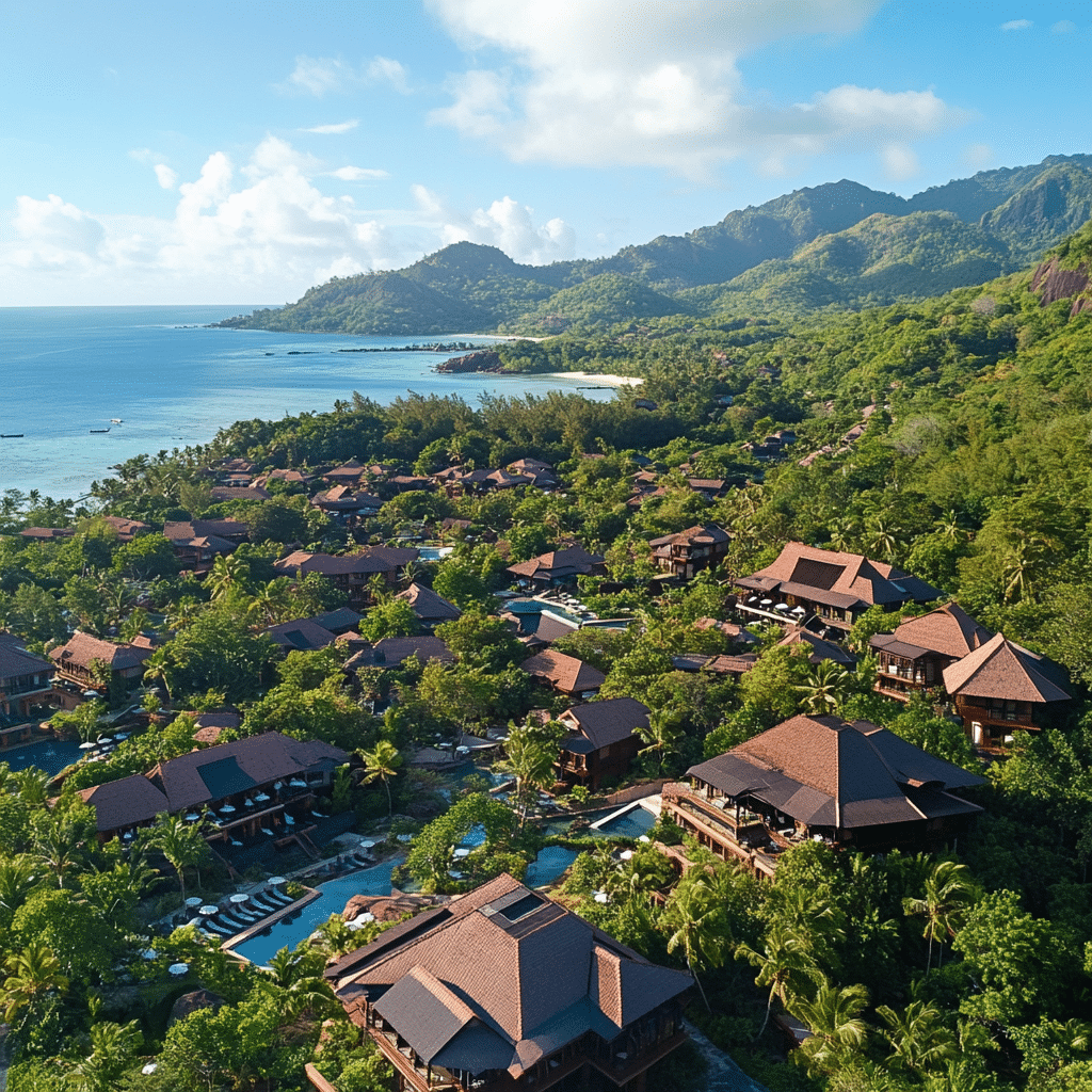 Michaelis Events honeymoon experience in Seychelles, with newlyweds sailing past untouched beaches, dense jungle coastlines, and granite cliffs rising from the sea.
