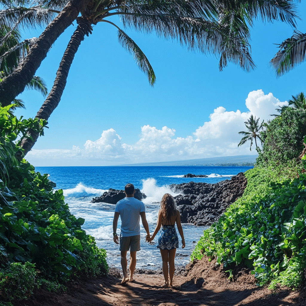 Michaelis Events honeymoon in Maui with a couple staying at a modern eco-resort, featuring sustainable wood design and panoramic oceanfront views—perfect for stylish and conscious weddings.