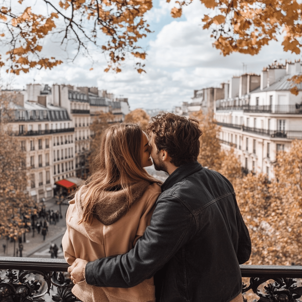 Michaelis Events honeymoon kiss captured in Montmartre, with cobblestone streets and the Basilica of Sacré-Cœur in the background—ideal for whimsical wedding escapes in Paris.