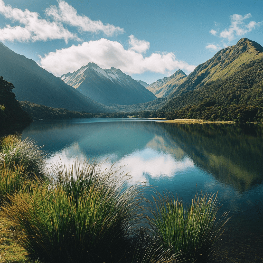 Michaelis Events honeymoon photo of a bride and groom standing beside Lake Hawea, with windblown grass, rugged mountains, and soft light creating a cinematic post-wedding moment.