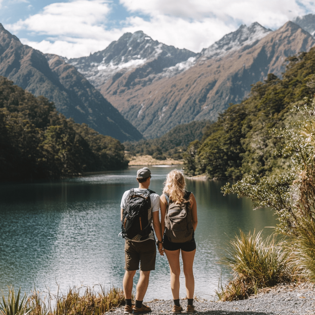 Michaelis Events honeymoon photo of a couple cruising through Milford Sound, New Zealand, surrounded by towering fjords and misty waterfalls—ideal for a dramatic post-wedding escape.