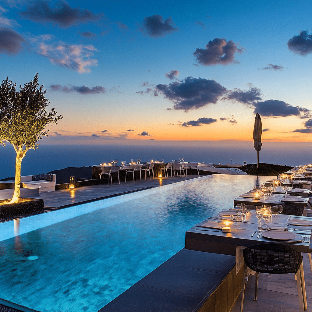 Mykonos honeymoon moment by Michaelis Events, featuring a couple relaxing at a chic beach club with turquoise waters and stylish vibes—ideal for glamorous weddings and honeymoons.