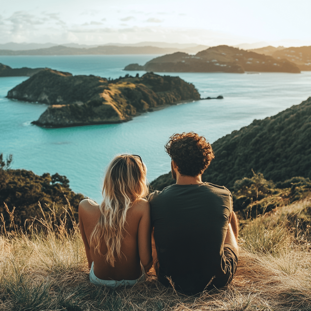 Newlyweds enjoying a private picnic in the rolling hills of Waiheke Island, New Zealand—an elegant and relaxed post-wedding experience styled by Michaelis Events.