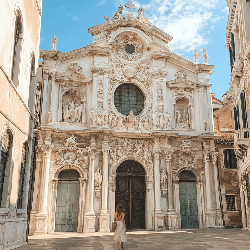 Newlyweds enjoying sunset near a medieval Venetian church, with its Romanesque bell tower rising over terra cotta rooftops—styled by Michaelis Events for a honeymoon filled with heritage and beauty.