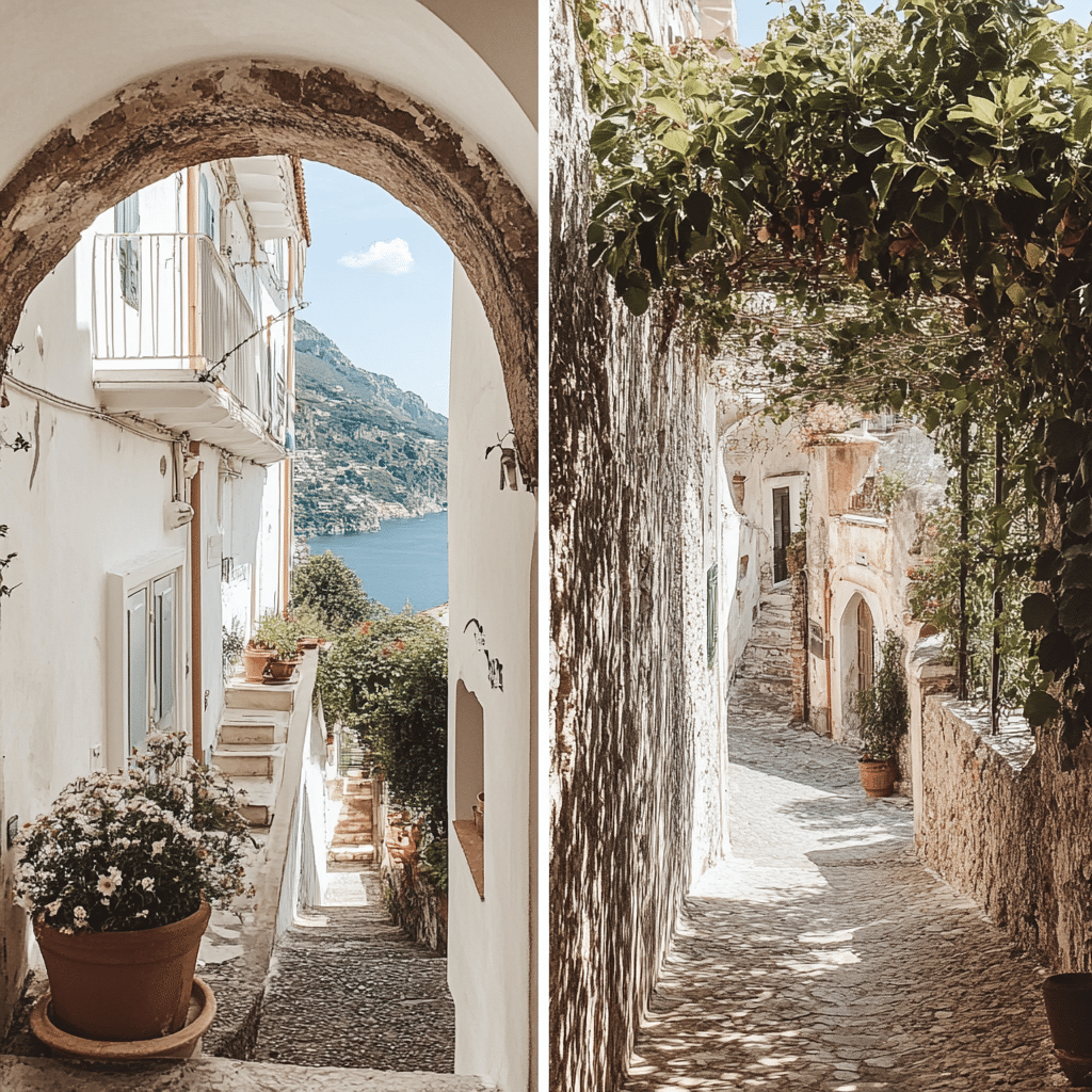 Newlyweds exploring a historic Amalfi monastery courtyard, featuring arched colonnades and Mediterranean gardens—perfectly styled by Michaelis Events for a peaceful wedding escape.