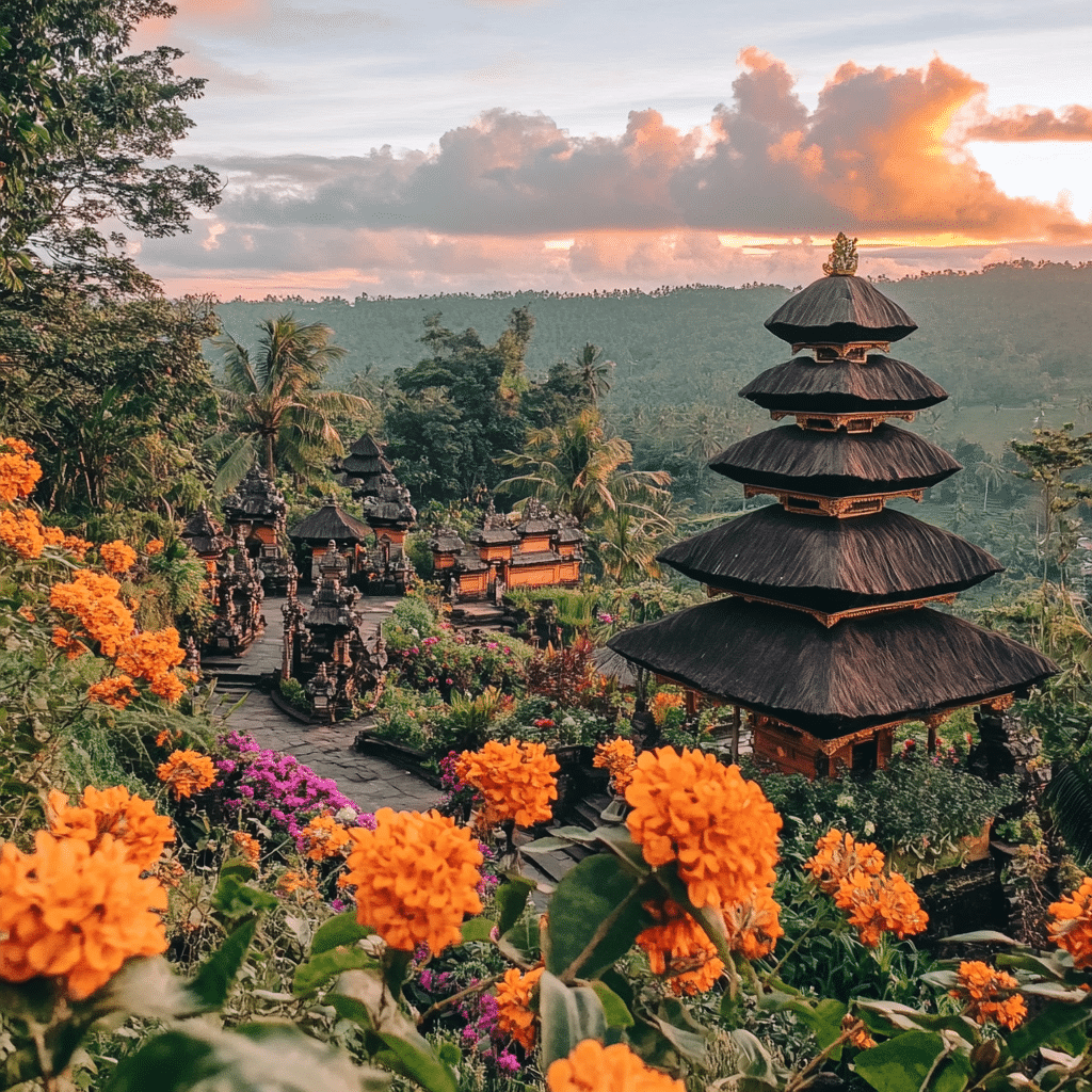 Newlyweds exploring ancient temples on their Indonesia honeymoon, surrounded by jungle and historic carvings—an adventure in culture and love arranged by Michaelis Events.