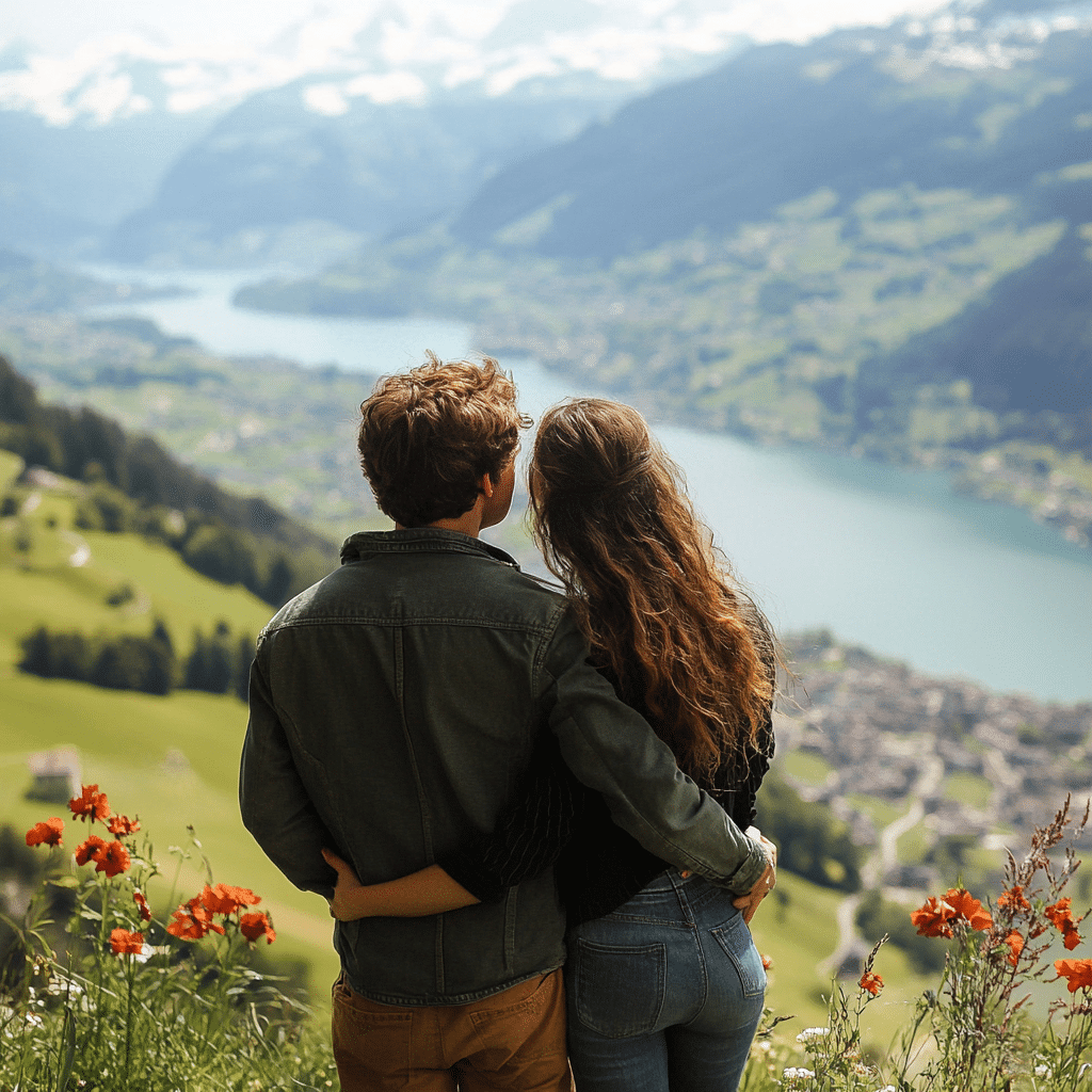 Newlyweds hiking through the Swiss Alps on their honeymoon, with snow-capped peaks and wildflower meadows all around—an adventurous escape styled by Michaelis Events after the wedding_