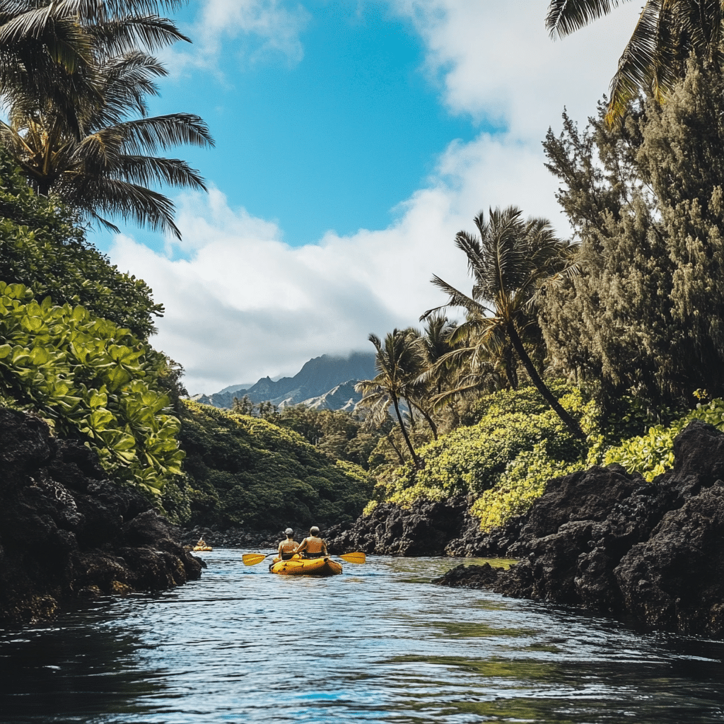 Newlyweds kayaking along the Wailua River in Kauai on a honeymoon adventure curated by Michaelis Events, gliding through emerald waters surrounded by jungle canopies and volcanic cliffs.