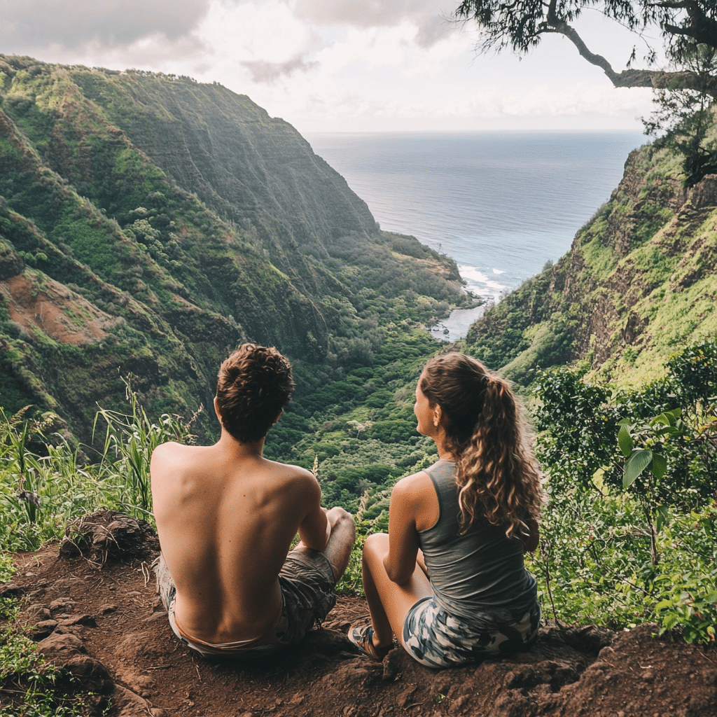 Newlyweds on a Hawaii honeymoon hike along the Na Pali Coast, planned by Michaelis Events, surrounded by lush cliffs and ocean views—perfect for adventurous post-wedding getaways.