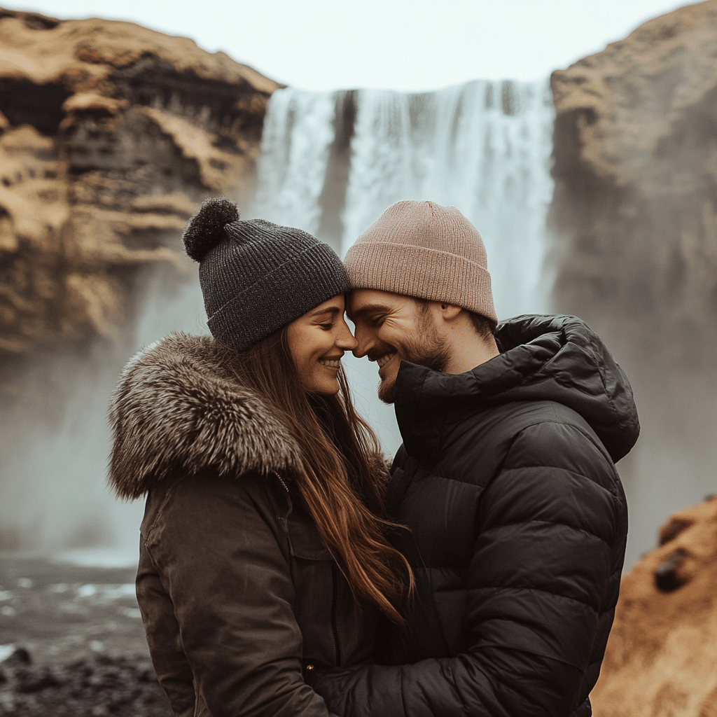 Newlyweds on a honeymoon adventure in Iceland, standing before a cascading waterfall surrounded by mossy cliffs—styled by Michaelis Events for a breathtaking post-wedding escape.
