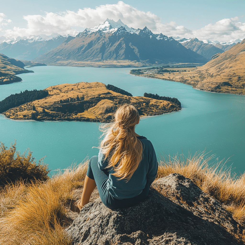 Newlyweds on a scenic lookout in Queenstown, New Zealand, overlooking Lake Wakatipu and the snow-capped Remarkables—styled by Michaelis Events for a breathtaking honeymoon moment.