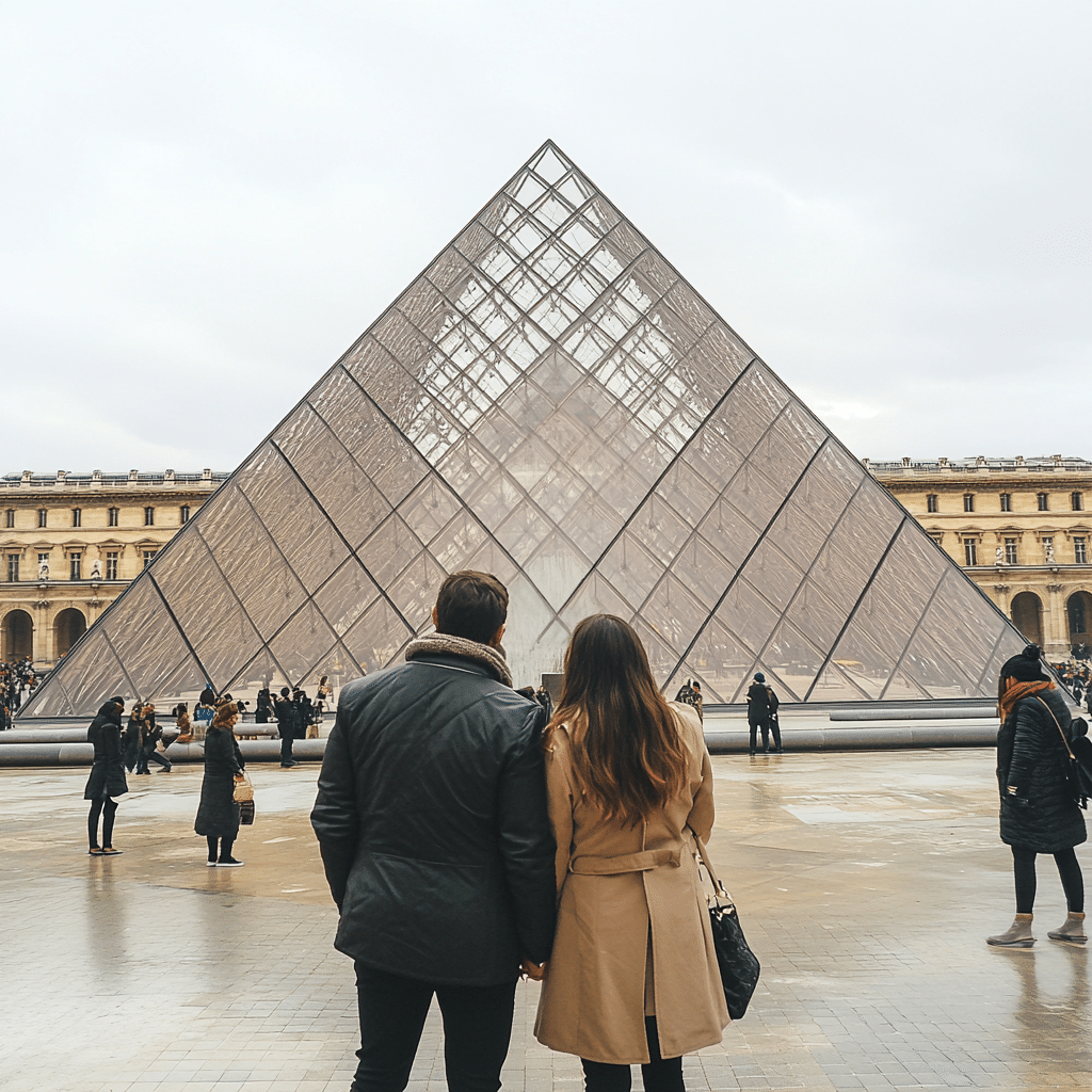 Newlyweds posing near the Louvre Pyramid on a Paris honeymoon organized by Michaelis Events, combining art, architecture, and elegance for the ultimate post-wedding experience.