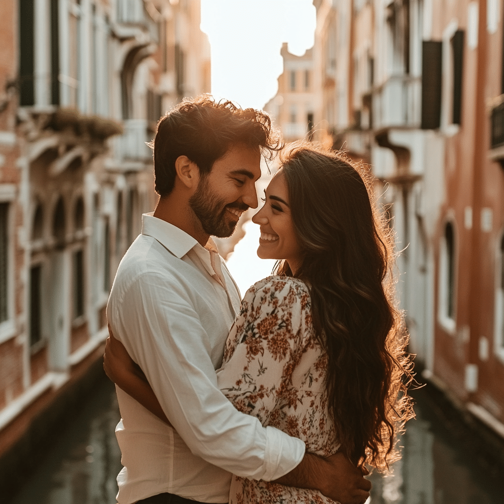 Newlyweds sharing a quiet moment in St. Mark’s Square on their Venice honeymoon, arranged by Michaelis Events—surrounded by classic Venetian charm and timeless romance.