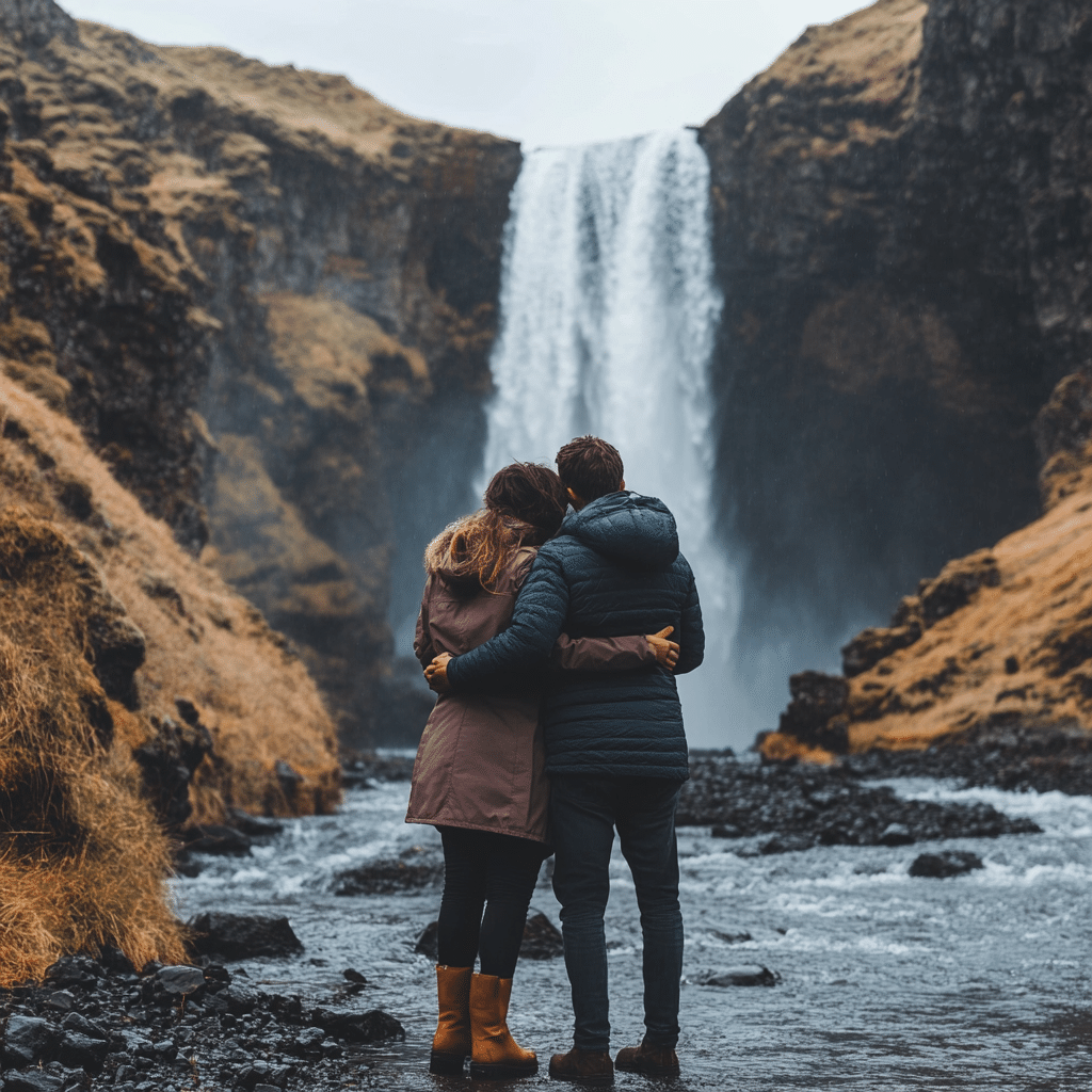 Newlyweds soaking in a geothermal hot spring surrounded by snow and steam in Iceland—an intimate and cozy honeymoon experience curated by Michaelis Events.