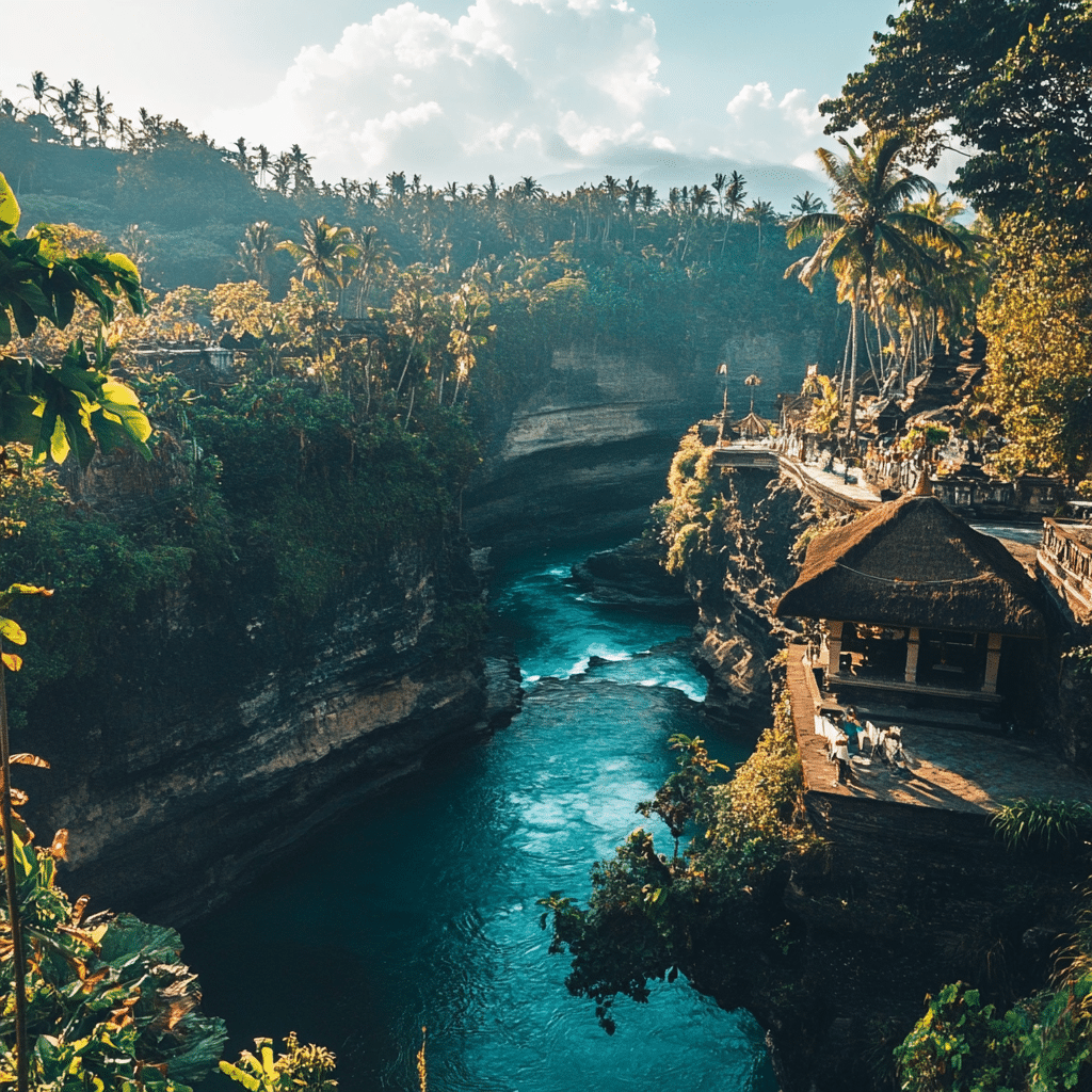 Newlyweds walking through a temple complex in Yogyakarta, Indonesia, with ancient stone carvings and lush gardens—part of a cultural honeymoon journey planned by Michaelis Events.