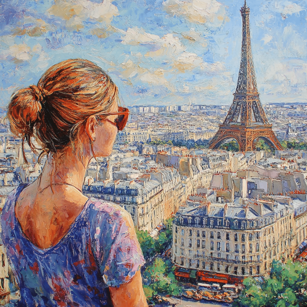 _Oil painting of a woman in a flowing dress gazing at the Eiffel Tower during her Paris honeymoon, styled by Michaelis Events—evoking romance, elegance, and post-wedding serenity.